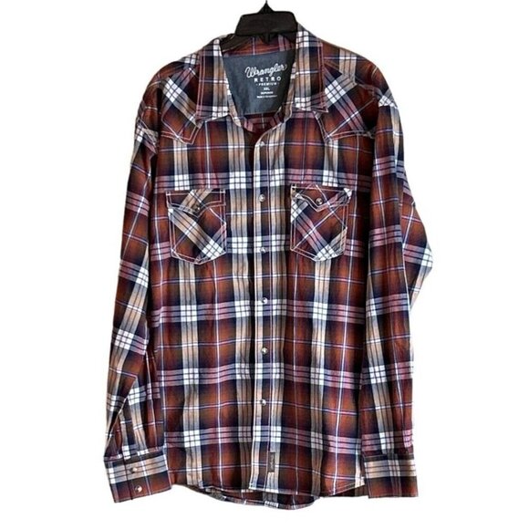 Wrangler Western Retro Shirt Mens Plaid Pearl Snap Button Long Sleeve Shirt 2XL - Picture 1 of 6